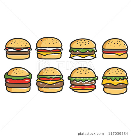 Eight cartoon hamburgers arranged two rows, colorful simple flat graphic style. Variety hamburgers different toppings, cheese, lettuce, tomato, beef patties. Row illustrated fast food items, sesame 117039384