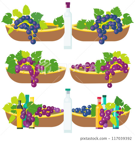 Grapes wooden bowl illustration, wine bottles vector isolated white background. Simple grape clusters leaves designs, colors purple green yellow. Vector art fruit arrangements, wine themes Grapes wooden bowl illustration, wine bottles vector isolated white background. Simple grape clusters leaves designs, colors purple green yellow. Vector art fruit arrangements, wine themes 117039392