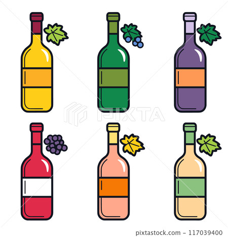 Colorful wine bottles vector illustration featuring different types wines, bottle paired grape leaves indicating variety. Simple line art style depicting wine collection menus catalogs Colorful wine bottles vector illustration featuring different types wines, bottle paired grape leaves indicating variety. Simple line art style depicting wine collection menus catalogs 117039400