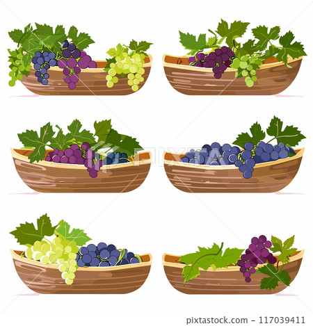 Wooden bowls filled various colorful grapes, green, red, purple, accompanied leaves. Fresh grape bunches brown bowls, fruit presentation, healthy eating concept. Grape assortment, ripe vine fruit Wooden bowls filled various colorful grapes, green, red, purple, accompanied leaves. Fresh grape bunches brown bowls, fruit presentation, healthy eating concept. Grape assortment, ripe vine fruit 117039411