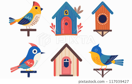 Colorful cartoon birds perched various birdhouses. Creative flat design graphics naturethemed projects. Ideal garden wildlife enthusiasts 117039427