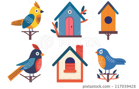 Colorful birds perched near matching birdhouses graphical style, birdhouse features unique design, color scheme, shape, illustration uses vibrant palette set against isolated white background 117039428