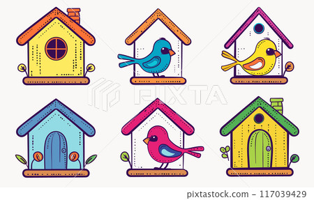 Cartoon birds colorful birdhouses nature cute home. Brightly colored vector illustration birds whimsical houses. Simple cheerful drawing suitable childrens book, garden theme 117039429