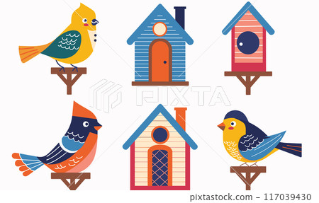 Colorful illustrated birds perched birdhouses. Artistic design depicts common backyard birds, birdhouses, cute ornithology theme. Cartoonstyle colorful birds houses, ornithologyfriendly image 117039430