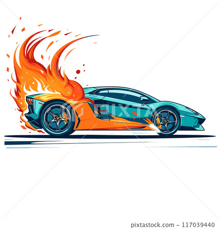 Turquoise sports car blazing fast speed flames trailing rear engine. Dynamic fire motion effect luxury vehicle intense race. Highperformance automobile fiery turbo boost concept illustration 117039440