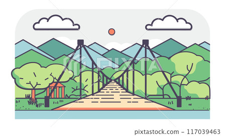 Suspension bridge leads green mountains under clear sky. Wooden footbridge crosses river surrounded nature. Cartoonstyle colorful drawing peaceful landscape scene Suspension bridge leads green mountains under clear sky. Wooden footbridge crosses river surrounded nature. Cartoonstyle colorful drawing peaceful landscape scene 117039463