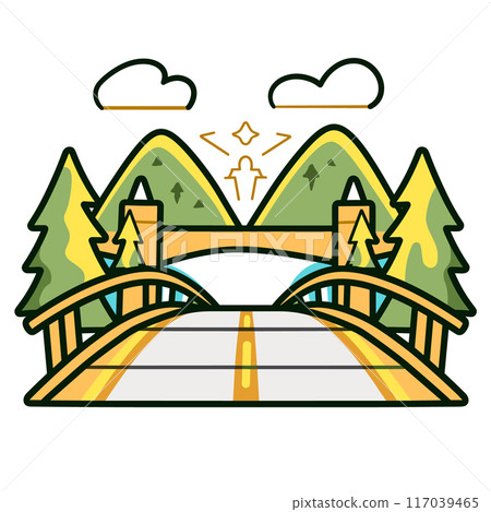 Cartoon bridge framed mountains, trees, under blue sky clouds, stars above peaks. Colorful stylized nature scene, green mountains, yellow bridge, pine trees, daytime outdoor. Flat design bridge 117039465