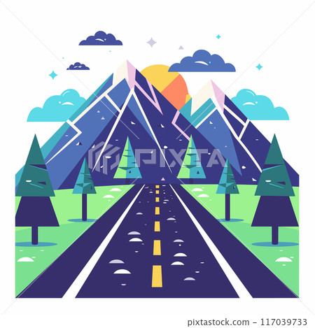 Mountain landscape illustration featuring snowy peaks, sun setting behind mountains, clear road leading towards them. Evergreen trees line road under sky clouds stars. Graphic style geometric Mountain landscape illustration featuring snowy peaks, sun setting behind mountains, clear road leading towards them. Evergreen trees line road under sky clouds stars. Graphic style geometric 117039733