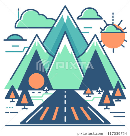 Stylized vector illustration mountain landscape featuring road leading towards tall mountain range under sunny sky. Artistic design using geometric shapes, cool tones, minimalist approach suitable Stylized vector illustration mountain landscape featuring road leading towards tall mountain range under sunny sky. Artistic design using geometric shapes, cool tones, minimalist approach suitable 117039734