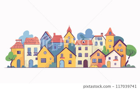 Colorful illustration whimsical town, featuring row quirky, stylized houses. Pastelcolored buildings various roof shapes create fairytalelike village landscape. Unique homes charming details nestled 117039741