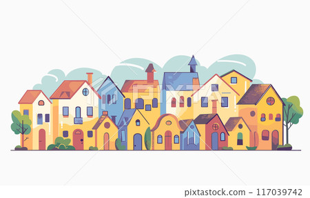 Cheerful suburban neighborhood cartoon houses, colors ranging yellow, blue, orange, surrounded lush greenery. Quaint village street quaint homes, chimneys, tiled roofs, cozy welcoming atmosphere Cheerful suburban neighborhood cartoon houses, colors ranging yellow, blue, orange, surrounded lush greenery. Quaint village street quaint homes, chimneys, tiled roofs, cozy welcoming atmosphere 117039742