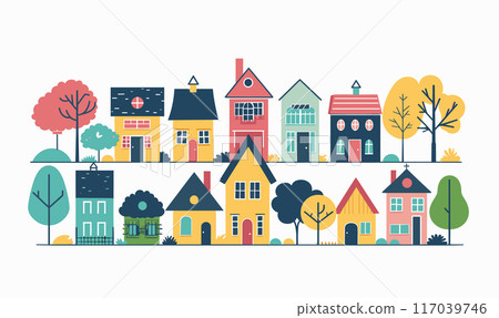 Colorful houses diverse architecture styles sizes trees. Quaint suburban neighborhood scene, vector illustration. Quirky townhouses illustration Colorful houses diverse architecture styles sizes trees. Quaint suburban neighborhood scene, vector illustration. Quirky townhouses illustration 117039746