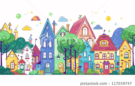 Colorful cartoon houses trees vibrant neighborhood whimsical architecture. Brightly colored homes different styles cute design sunny day. Cheerful suburb line art bushes clouds playful town 117039747