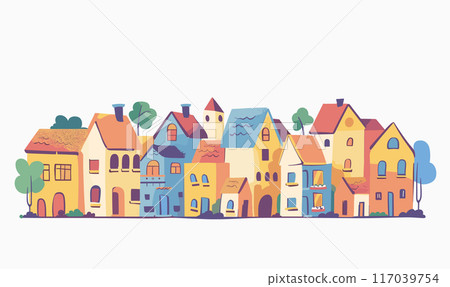 Colorful cartoon houses lined up charming neighborhood scene. Residential street various styled homes, trees, pastel colors, playful design. Quaint suburban town illustration, serene, kidfriendly 117039754
