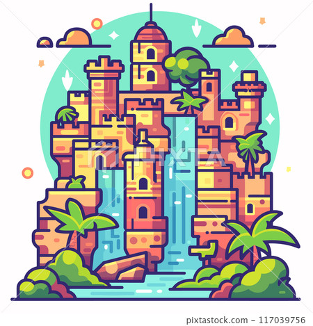 Colorful fantasy castle illustration waterfall, vibrant tones, geometric style. Stylized fort palm trees, towers, vibrant backdrop, dreamlike scene. Animated fortress graphic, tropical setting 117039756