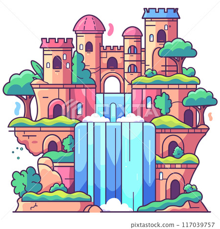 Colorful fantasy castle illustration featuring waterfalls lush greenery. Bright whimsical cartoon style architecture, situated amidst nature. Dreamlike palace towers turrets, cascading waterfall 117039757