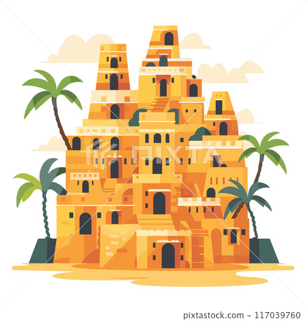 Illustration depicts complex ancient ziggurat structure set Middle Eastern desert environment. Design showcases sandcolored tiers palm trees under white clouds, flat desert landscape. Graphic style 117039760