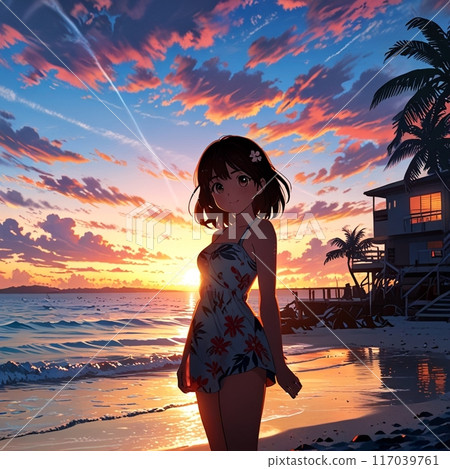 A half-Japanese woman standing on the beach at sunset 117039761