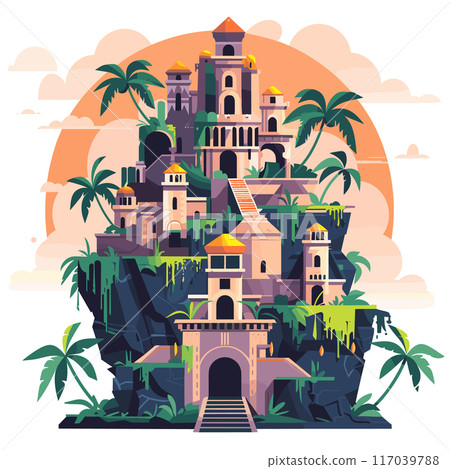 Mesmerizing ancient temple nestled among lush tropical greenery. Stylized sunset casting warm glow over exotic palace. Intricate architecture surrounded palms, evoking mystical adventure 117039788