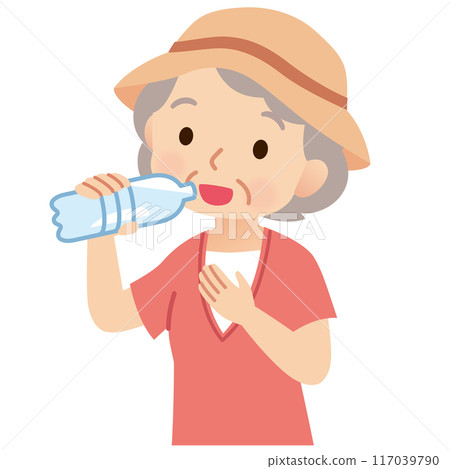 老婦戶外喝瓶裝水、健康、中暑 117039790