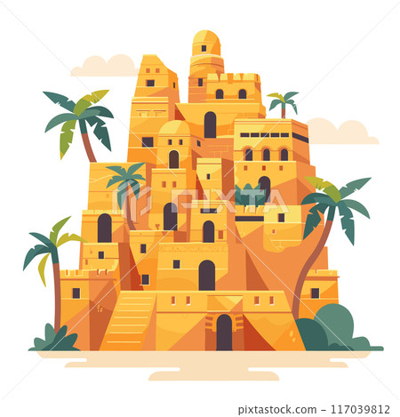 Desert sandstone castle surrounded palm trees. Stylized ancient fortress illustration, warm colors, desert theme. Simplified vector graphic historical architecture, fictional castle 117039812