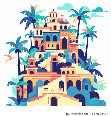 Stylized vector illustration colorful, fantastical castle surrounded palm trees clouds, birds flying nearby. Fantasy architecture nestled tropical landscape, evoking sense adventure mystery. Flat Stylized vector illustration colorful, fantastical castle surrounded palm trees clouds, birds flying nearby. Fantasy architecture nestled tropical landscape, evoking sense adventure mystery. Flat 117039813
