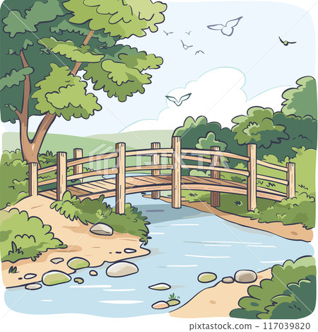 Wooden bridge over serene stream surrounded lush trees, tranquil nature scene. Cartoon illustration peaceful countryside landscape, calm river setting. Summer day park, picturesque wooden crossing Wooden bridge over serene stream surrounded lush trees, tranquil nature scene. Cartoon illustration peaceful countryside landscape, calm river setting. Summer day park, picturesque wooden crossing 117039820