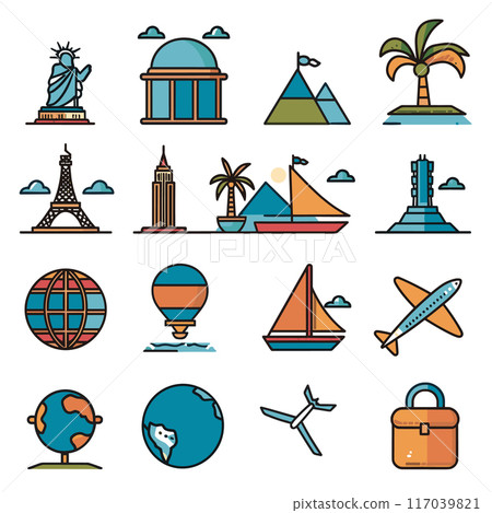 Set colorful travel icon illustrations featuring landmarks, transportation, geography. Icons depict Eiffel Tower, Statue Liberty, pyramids, globes, airplane. Bold lines, flat design, isolated white 117039821
