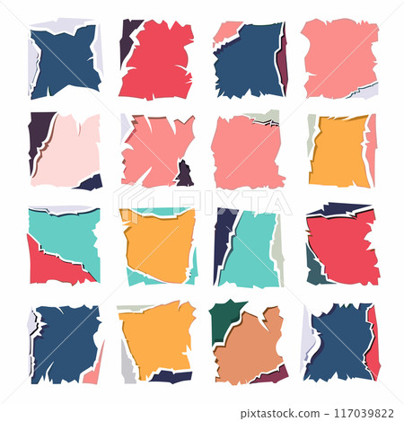 Collection colorful torn paper pieces isolated white background. Various shaped scraps ripped paper scrapbooking notes. Creative assortment cut messages labels 117039822