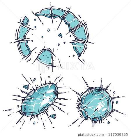Three shattered glass pieces flying apart during breakage. Explosion glass fragments, indicating impact destruction. Handdrawn sketch style broken dynamic lines splinters 117039865