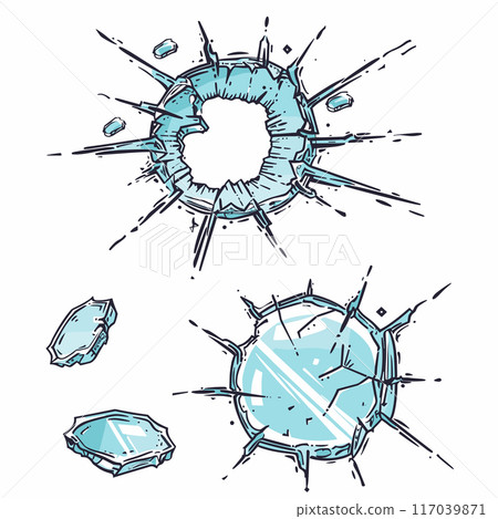 Broken glass holes vector illustration shattered glass sharp pieces. Blue tinted cracked effect handdrawn cartoon style isolated white background. Fragments destruction damage concept graphic 117039871
