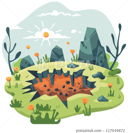 Cartoon illustration ground crack caused earthquake green landscape, sun mountains background, natural disaster theme. Bright colors depict catastrophic ground fissure, crumbling earth, disaster 117039872