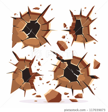 Three cracked brown walls breaking into pieces, destruction concept, damage symbol isolated white background. Broken barriers exploding, action impact, destruction themed vector illustration, crack 117039873