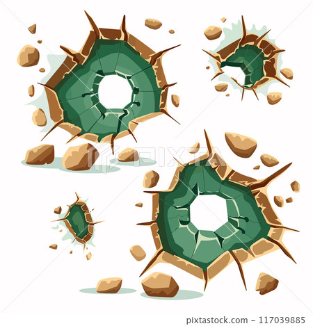 Set various sizes green cracked hole effects impact explosion surrounded debris. Creative concept superhero entry exit, action scenes comics animation. Cartoon style destruction holes isolated white 117039885