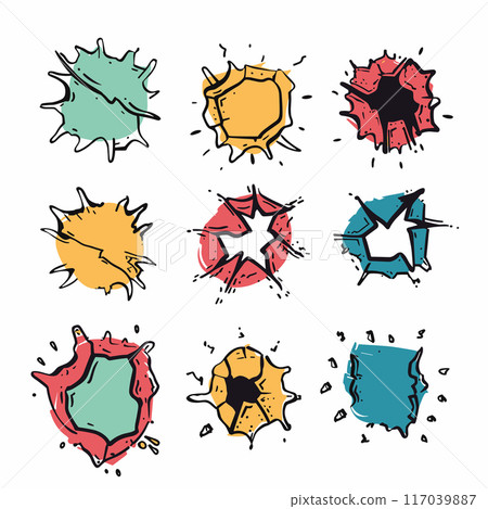 Set colorful comic style burst shapes featuring star splat patterns. Various colors including green, yellow, red, blue cartoon graphic style isolated white. These bursts represent explosions Set colorful comic style burst shapes featuring star splat patterns. Various colors including green, yellow, red, blue cartoon graphic style isolated white. These bursts represent explosions 117039887