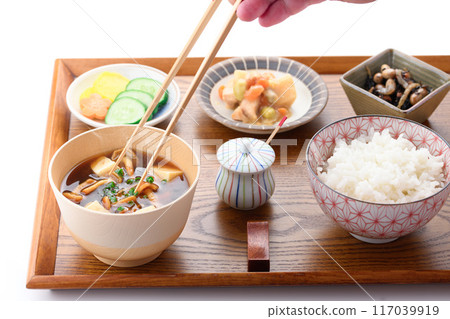 Mushroom soup, rice and side dishes 117039919