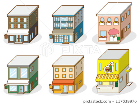 Three-dimensional vector illustration of various store buildings. 117039970