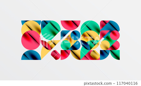 Color beautiful circles, semi circles, squares and round triangles. Geometric mosaic style pattern abstract background for wallpaper, banner, backdrop, card, book Illustration, landing page Color beautiful circles, semi circles, squares and round triangles. Geometric mosaic style pattern abstract background for wallpaper, banner, backdrop, card, book Illustration, landing page 117040116