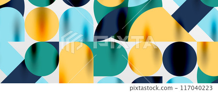Mosaic geometric elements. Colorful circles, round geometric shapes and lines with shadow 3d effects. Simple forms abstract background for wallpaper, banner, template or landing Mosaic geometric elements. Colorful circles, round geometric shapes and lines with shadow 3d effects. Simple forms abstract background for wallpaper, banner, template or landing 117040223