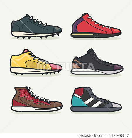Collection various sneakers, uniquely colored styled. Athletic shoes designed sports, fitness, casual wear. Stylish footwear set includes high tops low tops isolated white background 117040407