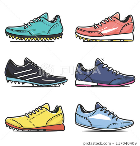 Collection colorful track running shoes athletes, spiked shoe features distinct colors styles suitable sprinting, longdistance running. Six different sports footwear track events 117040409