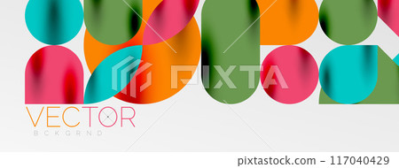 Mosaic geometric elements. Colorful circles, round geometric shapes and lines with shadow 3d effects. Simple forms abstract background for wallpaper, banner, template or landing Mosaic geometric elements. Colorful circles, round geometric shapes and lines with shadow 3d effects. Simple forms abstract background for wallpaper, banner, template or landing 117040429