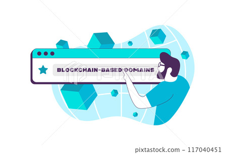 Blockchain-based domains - decentralized web addresses stored on blockchain, offering enhanced security, censorship resistance and ownership. Web3 blockchain domain names isolated vector illustration 117040451