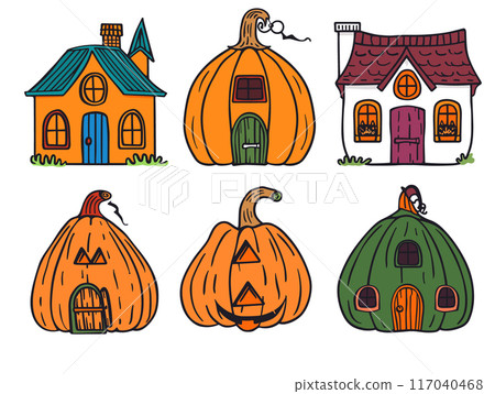 Three whimsical houses drawn cartoon style, one traditionally constructed, two shaped pumpkins. Colorful pumpkin houses feature doors, windows, chimney, resembling fairy tale dwellings. Vividly Three whimsical houses drawn cartoon style, one traditionally constructed, two shaped pumpkins. Colorful pumpkin houses feature doors, windows, chimney, resembling fairy tale dwellings. Vividly 117040468