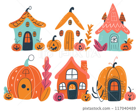 Six cute whimsical houses shaped pumpkins surrounded autumn leaves, playful Halloween theme. Fairytale pumpkin cottages charming details, perfect storytelling illustrations, fall festivities Six cute whimsical houses shaped pumpkins surrounded autumn leaves, playful Halloween theme. Fairytale pumpkin cottages charming details, perfect storytelling illustrations, fall festivities 117040489