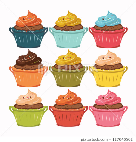 Colorful cupcakes array sweet treats frosting chocolate vanilla strawberry flavors cartoon graphic isolated white background. Assortment frosted cupcakes cute dessert design bakery theme Colorful cupcakes array sweet treats frosting chocolate vanilla strawberry flavors cartoon graphic isolated white background. Assortment frosted cupcakes cute dessert design bakery theme 117040501
