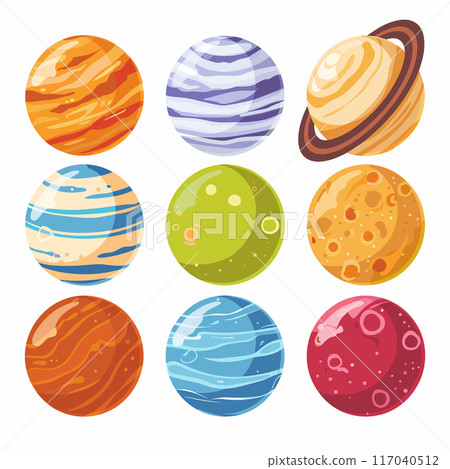 Set nine cartoon planets, colorful space bodies. Solar system planets, astronomy educational materials, childrens book illustrations. Cartoon fantasy space orbs isolated white background 117040512