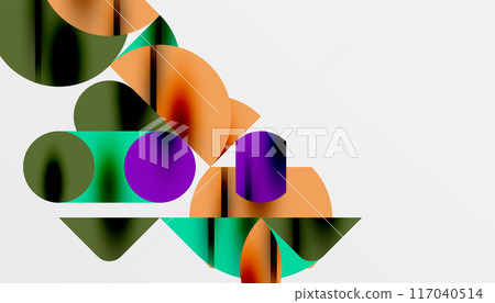 Color beautiful circles, semi circles, squares and round triangles. Geometric mosaic style pattern abstract background for wallpaper, banner, backdrop, card, book Illustration, landing page Color beautiful circles, semi circles, squares and round triangles. Geometric mosaic style pattern abstract background for wallpaper, banner, backdrop, card, book Illustration, landing page 117040514