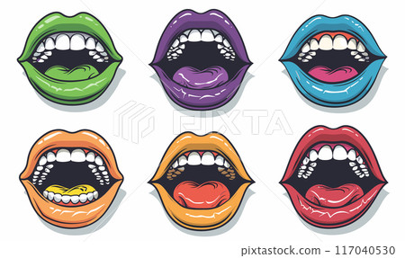 Six colorful cartoon mouths expressing different emotions, vibrant lips tongues, white teeth showing various expressions. Creative comic book style mouth illustrations, isolated white background Six colorful cartoon mouths expressing different emotions, vibrant lips tongues, white teeth showing various expressions. Creative comic book style mouth illustrations, isolated white background 117040530