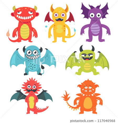 Collection cartoon monsters, colorful cute monsters, isolated vector illustrations. Six different funny monsters wings, horns tails, character design children. Bright monster characters, playful Collection cartoon monsters, colorful cute monsters, isolated vector illustrations. Six different funny monsters wings, horns tails, character design children. Bright monster characters, playful 117040568